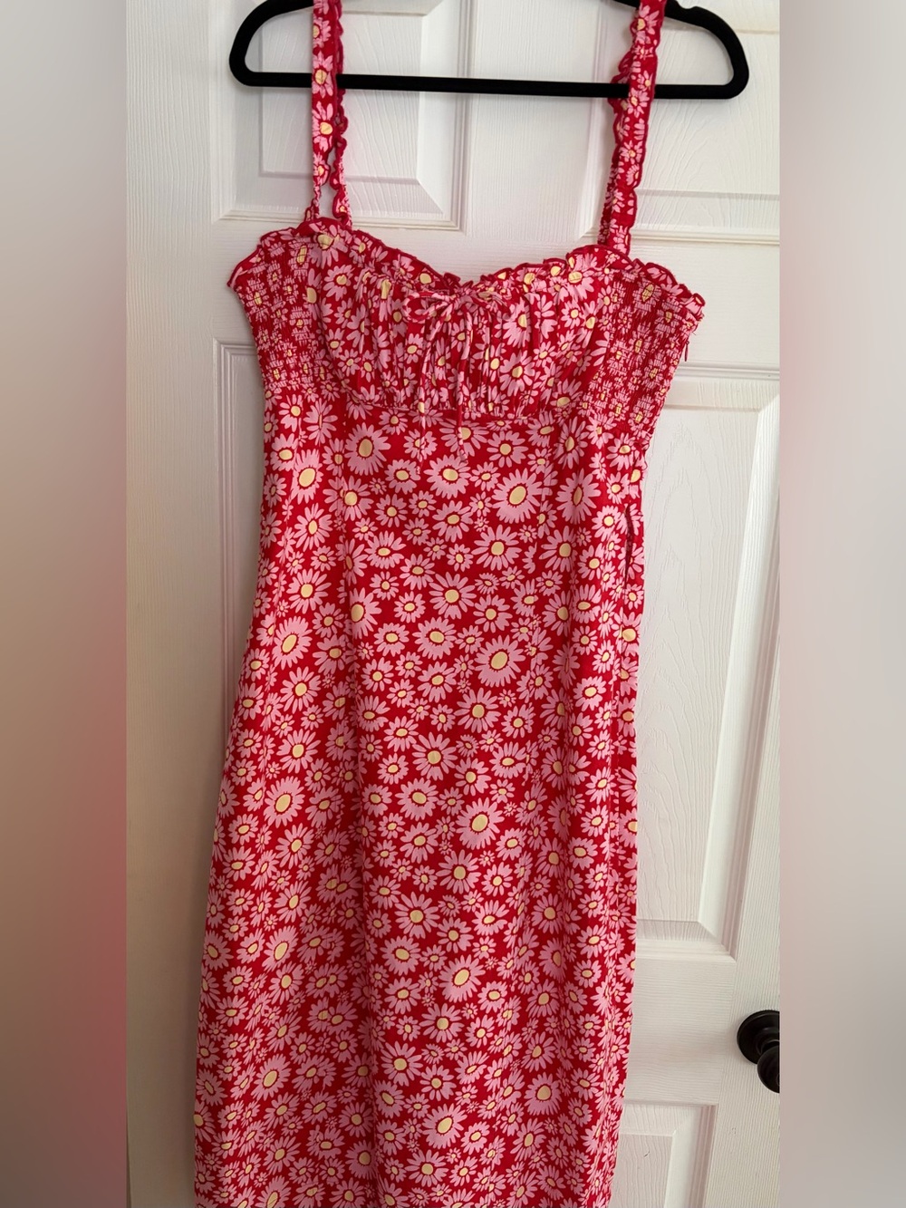 Free People Pink Daisy Print Sundress corset back for adjustment.